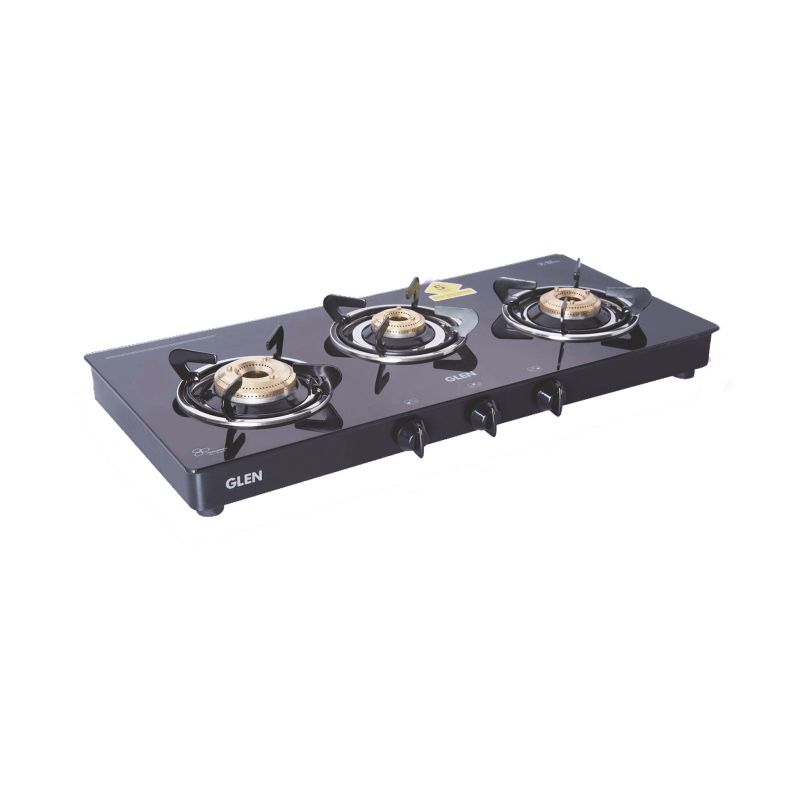 3 Burner Glass Gas Stove with High Flame Brass Burner Extra Large Black (1033 GTXL BB BL)